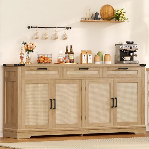 Image of TEENFON 63" Modern Farmhouse Sideboard Buffet Cabinet with 4 Rattan Doors & 3 Drawers, 2 Adjustable Shelves, Storage Console for Kitchen, Living Room, Natural