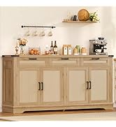 TEENFON 63" Modern Farmhouse Sideboard Buffet Cabinet with 4 Rattan Doors & 3 Drawers, 2 Adjustab...