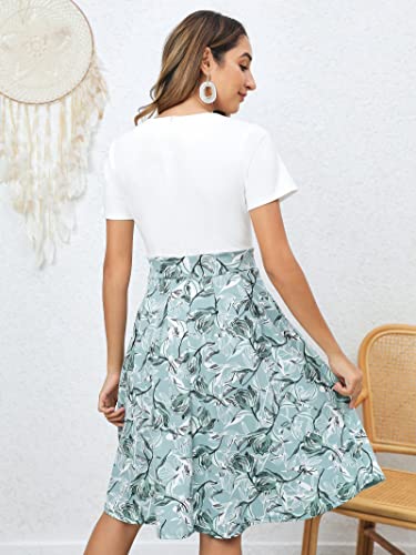 YATHON Women's Vintage Floral Flared A-Line Swing Casual Party Dresses with Pockets(YT018-Green White F 01,L)