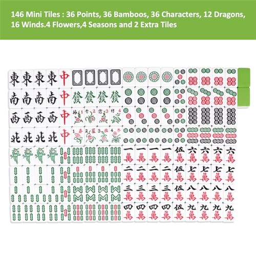 GUSTARIA Travel Mini Mahjong Set, Chinese Mahjong Game Set with 146 Green Tiles(0.9’’), A Brown Carrying Case, Portable & Lightweight for Travel Family Leisure Time