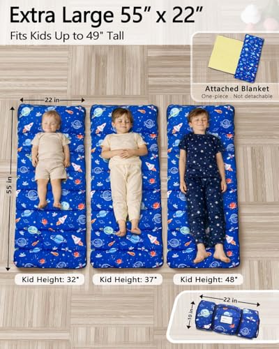 Primlect Toddler Nap Mat with Pillow and Blanket, Extra Large 55''x35'' Sleeping Bag, Washable, Light, Easy to Roll up, Perfect for Daycare, Preschool, Kindergarten, Travel, Boys and Girls (Space)