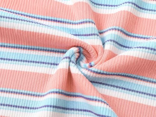 Image of Girls Striped T-Shirt Lettuce Trim Short Sleeve Top Size 6-16 | Soft stretch ribbed knit fabric, breathable blouse,summer outfit for big girls & teen, for school, party and daily activity