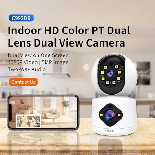 EVERSECU 2K 3MP Dual Lens Indoor Camera, 2.4GHz WiFi Camera Wired for Home Baby, AI Motion Detection, Human Auto Tracking, Color Night Vision, Cloud&SD Card Storage, 2-Way Audio