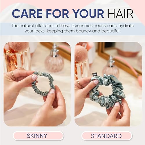 Image of Blissy Silk Scrunchies (3 Pack) - 100% Pure Mulberry Silk - 22 Momme 6A High-Grade Fibers Scrunchie for Straight & Curly Hair (Matcha Skinny)