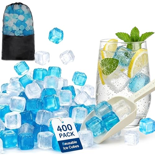 400 Pack Reusable Ice Cubes for Drinks with Ice Scoop, BPA-Free Plastic Ice Cubes for Coolers, Whiskey, Coolers, Parties, Bars, Ice Baths & Camping(Blue & Transparent) by AONOX - Used condition - US$43.04