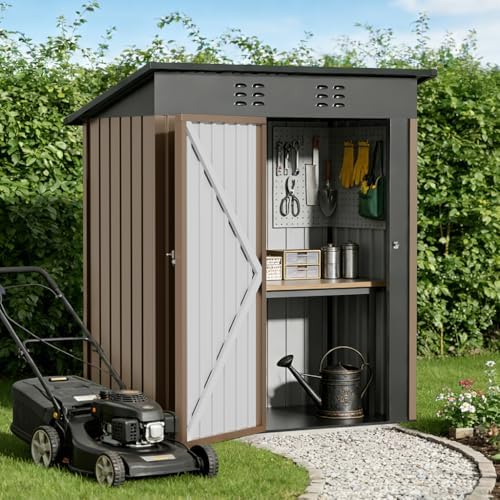 COMHOMA Shed Outdoor Storage Shed Metal,Lockable Doors Tool Sheds with Sloping Roof,Steel Garden Shed with Air Vent for Backyard,Patio,Lawn,Poolside(Brown,5'*3')