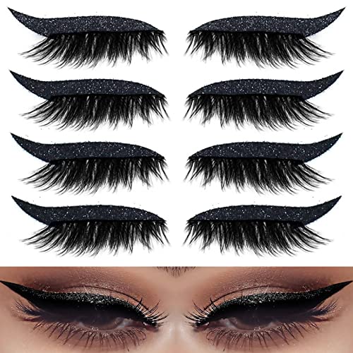 4 Pairs Eyeliner Stickers With Eyelashes, Self-Adhesive Glitter False Eyelashes Reusable Waterproof Eye Liners Strip Eye Makeup Stickers (Black) #TOP8