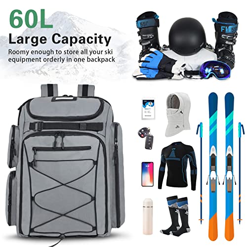 Fixitok Ski Boot Bag Backpack, 60L Waterproof Ski And Snowboard Boots Travel Backpack For Ski Boot, Skis, Snowboard, Ski Helmet, Goggles, Gloves For Men,Women And Youth #TOP1