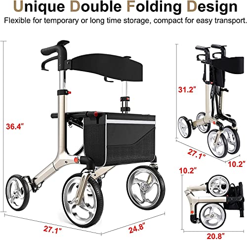 Healconnex Luxury Rollator Walkers For Seniors-Bulit-In Cable Rollator Walker With Seat, 10"Large Wheels,Aluminium Lightweight Senior Walker With Soft Rubber Handle,Padded Seat And Backrest #TOP3