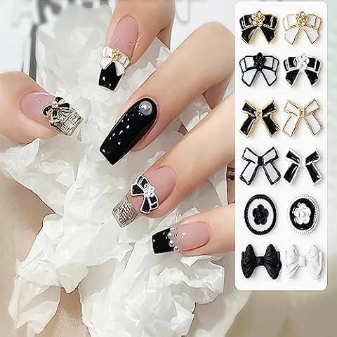 Vezocim Bow-Knot Nail Art Decorations, Alloy Butterfly Nail Glitter Designs 12Pcs Black White Metal Bow Nail Rivet Rhinestone for Women Girls Manicure Tips Decoration Cover