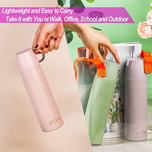 Coffee Flasks with Cup for Hot Drinks 500ML, NISVDID Vacuum Thermal Flasks with No Ripple Surface Small Cup Leakproof Water Bottle for Work Travel School and Sport (Light Pink)