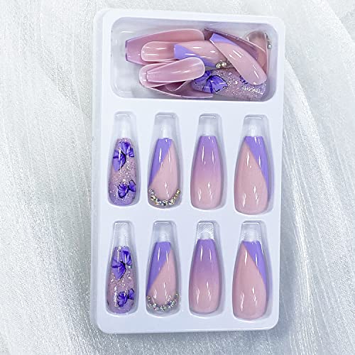 24 Pcs Medium Length Press On Nails Coffin Rhinestones Fake Nails French Purple Butterfly And Sequins Design Artificial Acrylic Full Cover False Nail For Women And Girls #TOP3