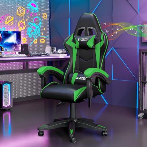 bigzzia Gaming Stuhl mit Bluetooth-Lautsprechern, Gamer Sessel Ergonomischer Gaming Chair Mit Lendenwirbelstütze Und Kopfstütze, Gepolstert PC Stuhl, Höhenverstellbar, Grün