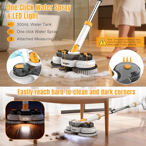Cordless Electric Mop for Dewalt 20V Battery (NO Battery), 2 in 1 Spin Mop & Electric Floor Scrubber with LED Light & Water Spray, Electric Mops for Floor Cleaning, Hardwood,Tile (White Yellow) by denqir - Image 4