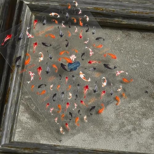 Hebterrka Rote Koi-Fisch Nagelsticker, Glückliche Goldfisch 5D Geprägte Nageldekorationen, Selbstklebende Chinesische Stil Nagelkunst Zubehör, Süße Cartoon Maniküre Sticker