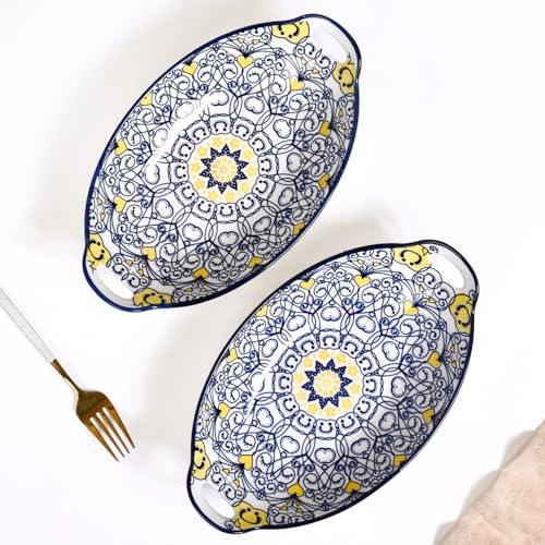 Image of Nestasia Set of 2 Dark Blue Mandala Ceramic Long Dish with Handles for Serving Snacks, Appetizers, Salads, and Noodles | Microwave Safe, Dishwasher Safe (10.8 Inch)
