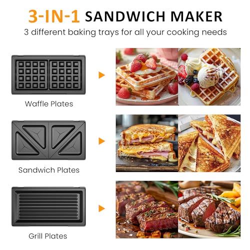 SUNVIVIPRO 3 in 1 Electric Sandwich Maker, Panini Press Grill and Waffle Iron Set, Grill and Sandwich Press with Removable Non-Stick Plates, Indicator Lights & Cool Touch Handle, 750W, Black - Thumbnail 2