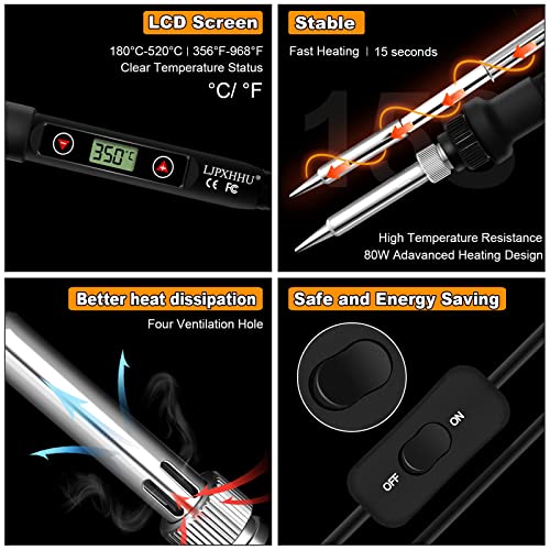 Soldering Iron Kit 80W Lcd Adjustable Temperature 180-520°C Electronics Welding Tools On/Off Switch, Solder Wire Flux, 5 Soldering Tips For Metal Jewelry Electric Repairing Diy, 110V Us Plug #TOP1