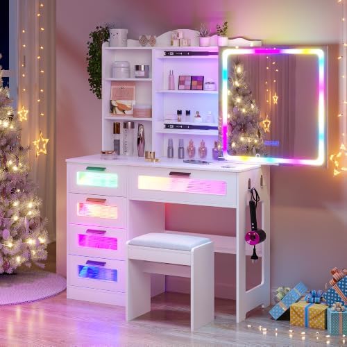 WOOVIVS White Makeup Vanity Desk with Lighted Miror&Stool for Girls/Women