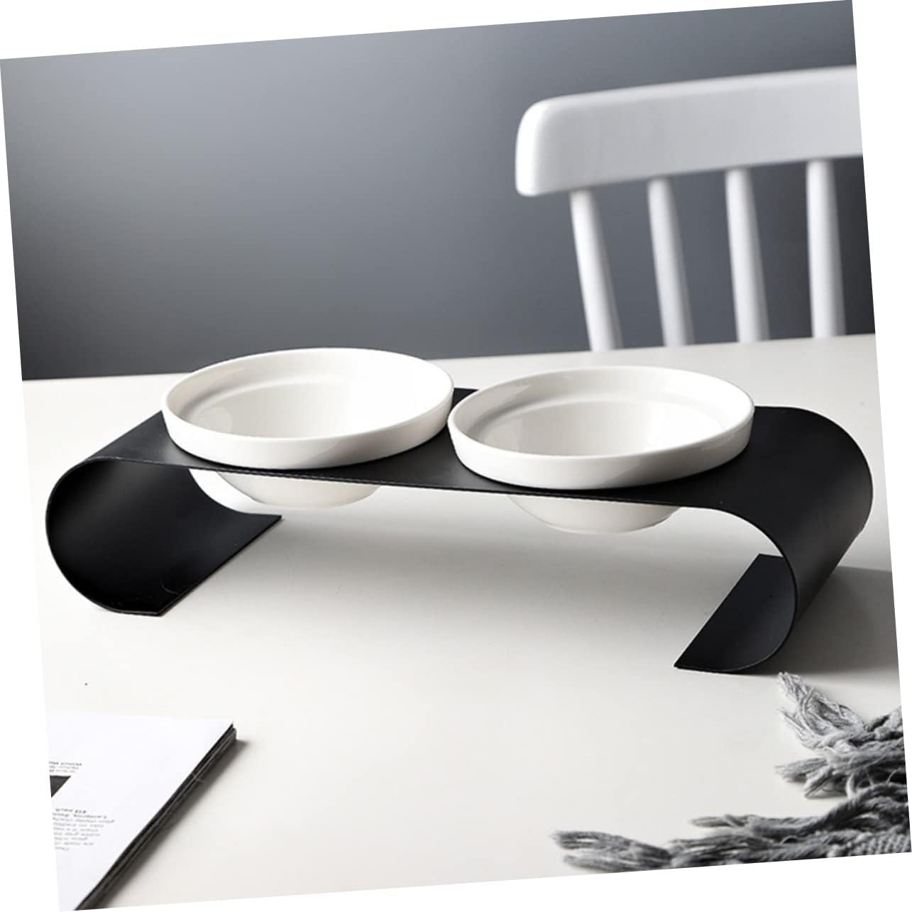 Elevated Cat Feeding Bowl with Iron Rack Double Ceramic Bowls for Cats and Dogs Easy to Clean Elevated Pet Dishes for Food and Water Black White