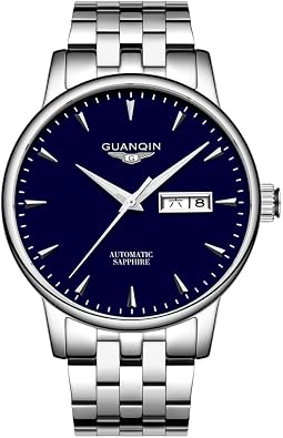 GUANQIN Men Vintage Automatic Self-Wind Mechanical Wrist Watch Sapphire Crystal Business Calendar Week Luminous Waterproof Clock Man Stainless Steel or Genuine Leather Band Wristwatch