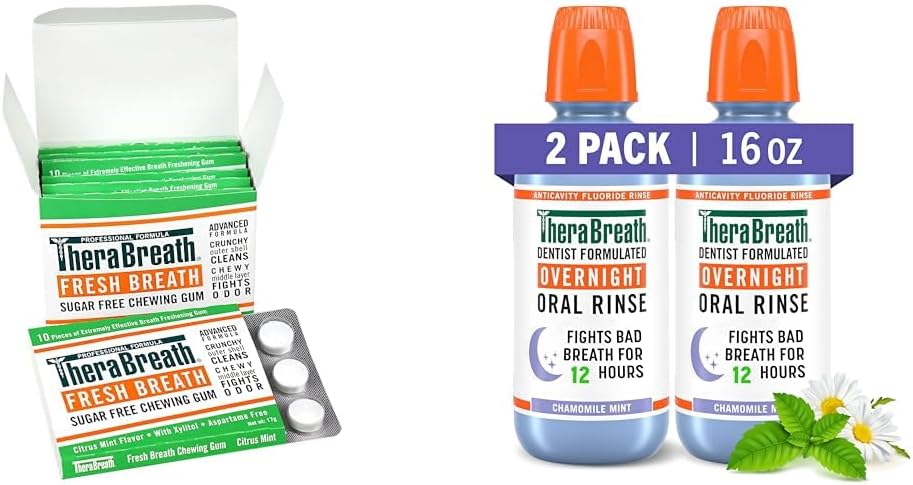 TheraBreathChewing Gum with ZINC Citrus Mint 10 Count Pack of 6 & Overnight Mouthwash Chamomile Mint 16 fl oz Pack of 2