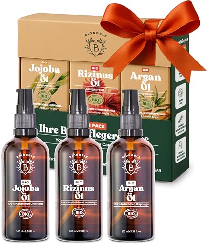 Bionoble Skincare Set 3x100ml - Bio Arganöl, Jojobaöl & Rizinusöl - Pflege für Gesicht, Körper und Haare - Geschenke für Frauen