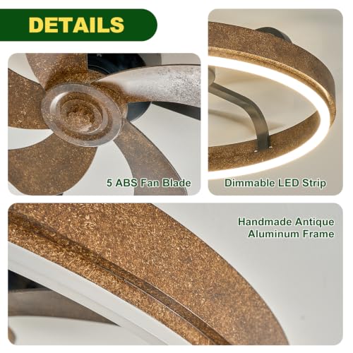 Image of 20 Inch Low Profile Farmhouse Ceiling Fan with Dimmable LED & Remote | Rustic Wood Fandelier, Vintage Flush Mount Ceiling Fan, Smart Remote & APP Control, Dimmable LED, 6 Speed, Reversible Blades
