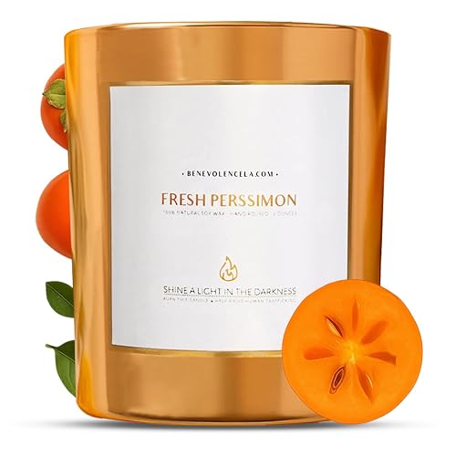 Benevolence LA Fresh Persimmon Wood Wick Candles | Soy Scented Christmas Candles for Home | Holiday Candle Gifts for Women and Men | Home Fragrance | Aromatherapy | 8oz, 45 Hour Burn - Fresh Persimmon - 8 oz - 1 wick
