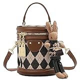 RTGGSEL Quilted Lattice Crossbody Shoulder Bags for Women Small Tote Square Satchel Handbags Purse with Bunny Doll Pendant (Bucket Brown)