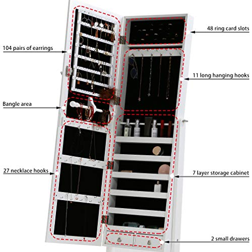 Jewelry Armoire Jewelry Cabinet Standing Mounted Lockable 61" H Jewelry Armoire With 2 Drawers 6 Shelves 43.3"×10.6" Mirror High Capacity Jewelry Organizer Wooden Cabinet (White) #TOP3