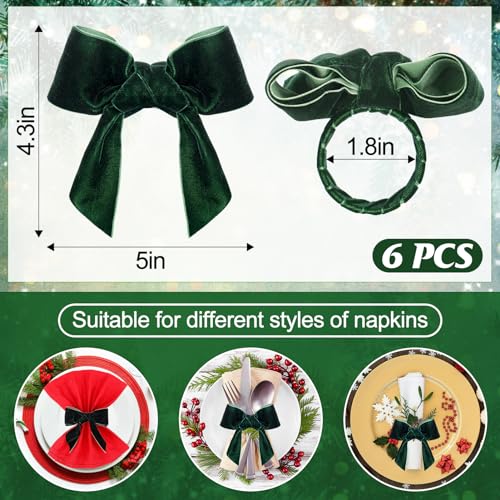 Green Velvet Bow Christmas Napkin Rings Set of 6 - Beautiful Napkin Holder Rings for Holiday Dinner Table Decorations