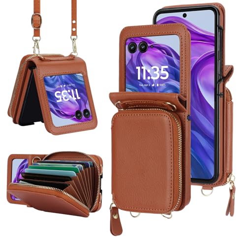 Asuwish Phone Case for Motorola Razr 2025/Moto Razr 60 Wallet Cover with Credit Card Holder Zipper Slot Crossbody Strap Lanyard RFID Blocking Purse Cell Accessories Razr2025 5G 256GB Women Girls Brown