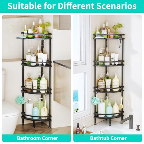 Image of HapiRm Standing Corner Shower Caddy - 4 Tier Shower Organizer Corner with Soap Holder and 4 Hooks, Rustproof Bathroom Storage Shelves with Adhesives, Black