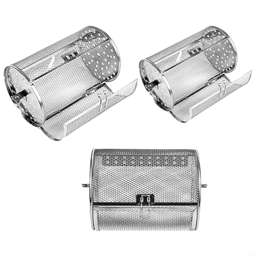 ARMYJY Cesta de asador, acero inoxidable rodante parrilla tambor horno redondo jaula resistente al calor rotación 360° para barbacoa frutos secos castañas (D: 14 * 14 * 25 cm)