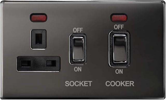 Black Nickel 45A Cooker Control Switch Unit with 13A Socket Neon Indicators N331GME Screwless Plate Finish