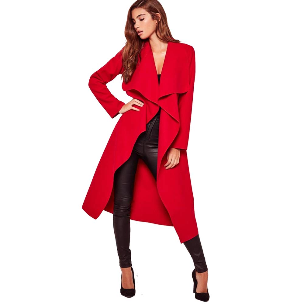 MINNI ROSSA Womens Ladies Italian Trench Long Coat Waterfall Duster Cape Belted Cardigan Jacket Plus Size UK (Red, XL)