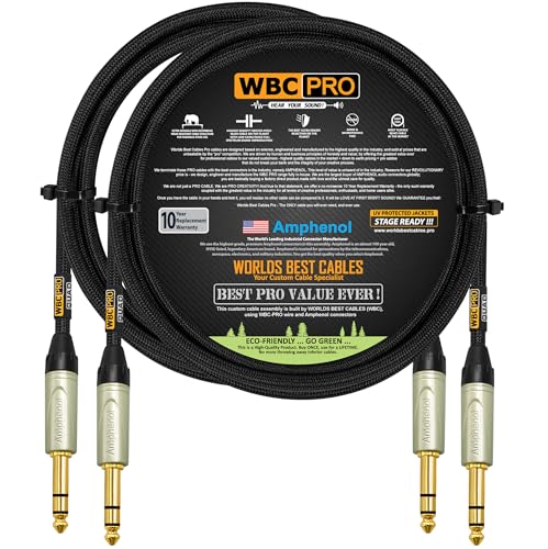 2 Units - 6 Foot - WBC-PRO-Quad Ultra-Silent Ultra-Flexible Balanced Star-Quad Cable with Amphenol QS3P-AU ¼ Inch (6.35mm) Gold Straight TRS Stereo Phone Plugs & Black Tweed Jacket