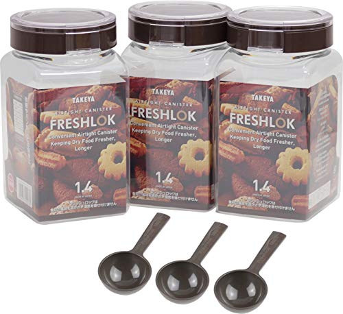 タケヤ公式 保存容器 3個セット 角型 1.4L 1400ml スプーン付き FRESHLOK 高気密性 密閉 密封 冷蔵庫 プロテイン スパイス 調味料 小麦粉 片栗粉 パン粉 ナッツ お菓子 TAKEYA フレッシュロック チャコールブラウン