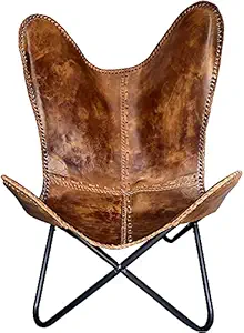 Folklore Leather Butterfly Chair - Genuine Leather I Handmade, Iron Frame Lounge Chair Comfortable Recliner Hand-Stitching Industrial Effect Presented by folklore leather (brown, medium) (light brown)
