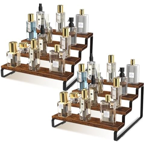 KeeiZoes Wooden Display Riser Stand, 4 Tier Perfume Organizer Tiered Cologne Organizer for Men, Spice Rack Organizer, Display Shelf for Perfume, Party, Makeup, Spice, Figure, Dolls Collection (2 Pack) Cover