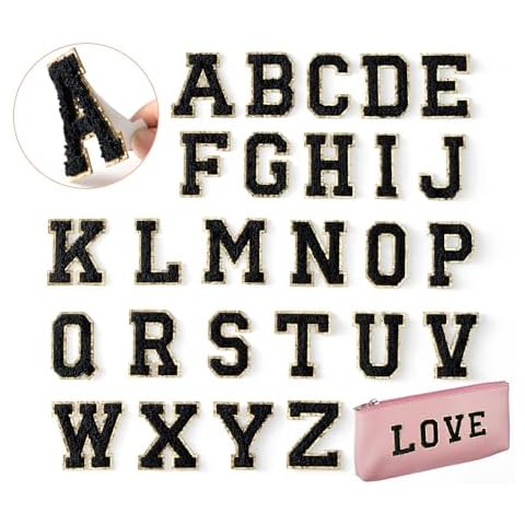 26 Pieces Self Adhesive Chenille Letter Patches Glitter Varsity Letter Patches A-Z,Iron on Alphabet Patches Gold Trimmed Iron on Letters for Shirts Jeans Bags Mobile Phone(Black) Cover