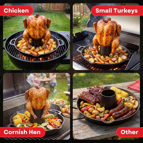 Cast Iron Vertical Chicken Roaster with Drip Pan - Beer Can Holder for Crispy Juicy Poultry on Grill, Oven, Stovetop & Campfire | Pre-Seasoned Non-Stick BBQ Cooking Stand for Chicken Turkey & Veggies by Grill 4U - Image 7