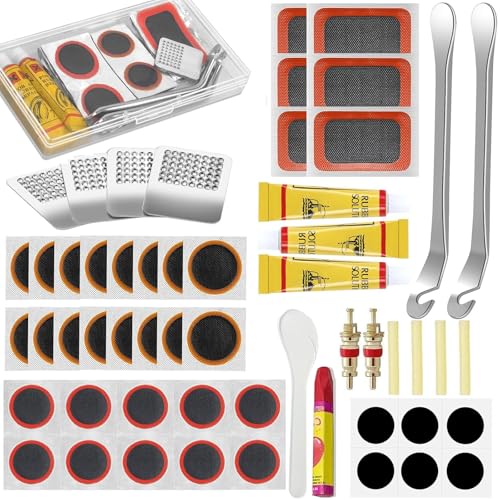 Haoutdory Kit de Reparación de Bicicletas 56 Piezas,Parcheo Autoadhesivo,Pegamento, Palancas,Llaves,Válvulas y Herramientas para MTB,Ruta,BMX y Bicicleta Eléctrica