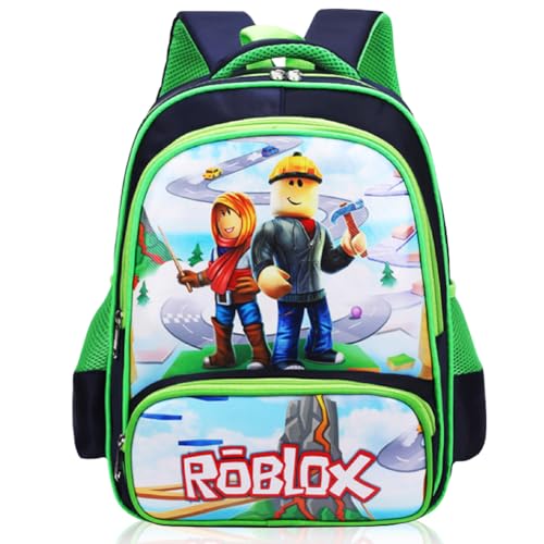 Robllox Kinderrucksack, Robllox Schultasche Kindergarten Rucksack Cartoon Print Büchertasche Vorschule Schultertaschen Lässiger Tagesrucksack Leichter Personalisierter Reisetasche für Schule Wander
