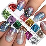 12 Colors Nail Glitters Sequins 3D Holographic Laser Star Nail Flakes Sparkly Shining Star Nail Decals Nail Art Design Nail Decor for Women Girls Acrylic Nail Art DIY Decorations Charms