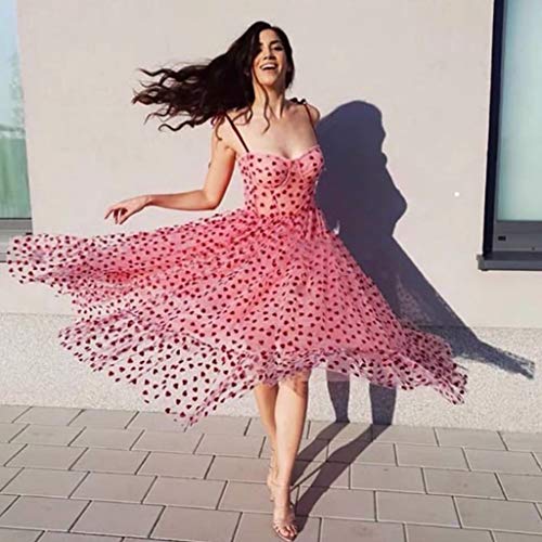 Sheer Mesh Dress For Women Pink Sleeveless Strap Love Heart Print Embroidery Wedding Party Long Maxi Dresses Bridedress #TOP1