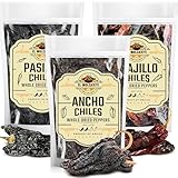 Dried Chili Pepper Variety Pack 4oz Each - Includes Premium Whole Ancho, Guajillo, Pasilla Chiles – Staple for Mexican Recipes - Moles, Salsa, Sauces, Birria, Stews, Tamales. By El Molcajete