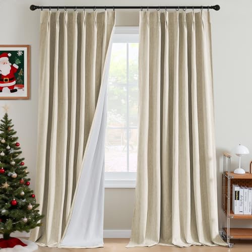 H.VERSAILTEX Pinch Pleated Full Blackout Curtains Linen Blended Chenille Blackout Curtains 96 inch Long 2 Panels Set Thermal Insulated Farmhouse Neutral Track Drapes with Hooks, Almond by H.VERSAILTEX - Used condition - US$39.13