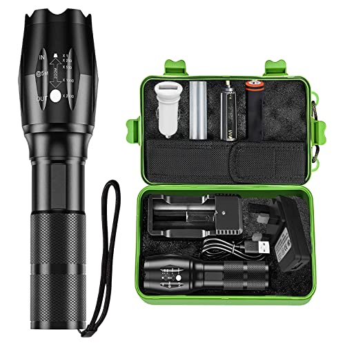 LED Torch Rechargeable Torches Led, Super Bright 2000 Lumen Flashlight Tactical Torch Battery Powered USB, T6 CREE Bulb, Zoomable Handheld Waterproof Torches for Camping Hiking [Energy Class A+++]
